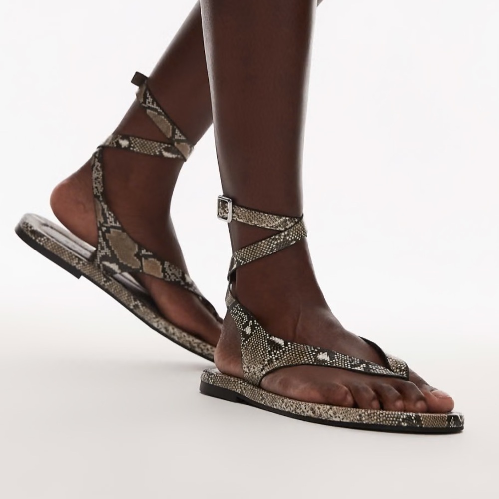 ASOS TOPSHOP Strappy Snake Print Thong Sandals - Black and Beige